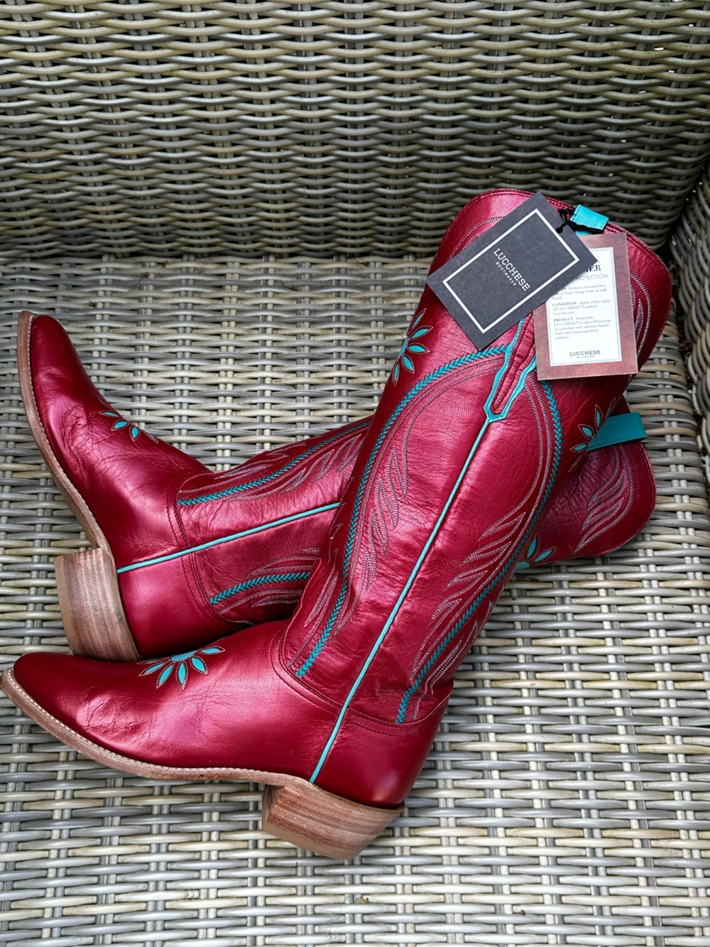 NWT Lucchese Rose Red Western Cowboy Boots 10 Turquoise Limited Edition Tall USA